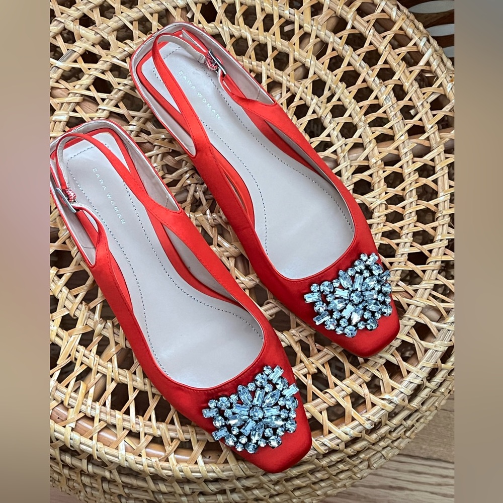 ZARA  Women BEJEWELLED SATIN Orange Slingback Size 37